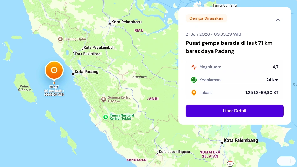 Gempa Magnitudo 4,7 Guncang Sumatera Barat Pagi Ini. (Foto: MBKG)