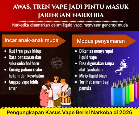 Modus Baru: Sindikat Narkoba Gunakan Vape untuk Incar Generasi Muda. (Foto: AI/ pusiknas.polri)