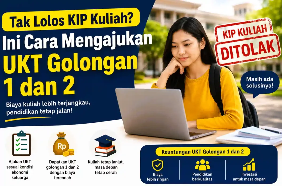 Tak Lolos KIP Kuliah? Ini Cara Mengajukan UKT Golongan 1 dan 2 agar Biaya Kuliah Lebih Ringan. (Foto: AI)