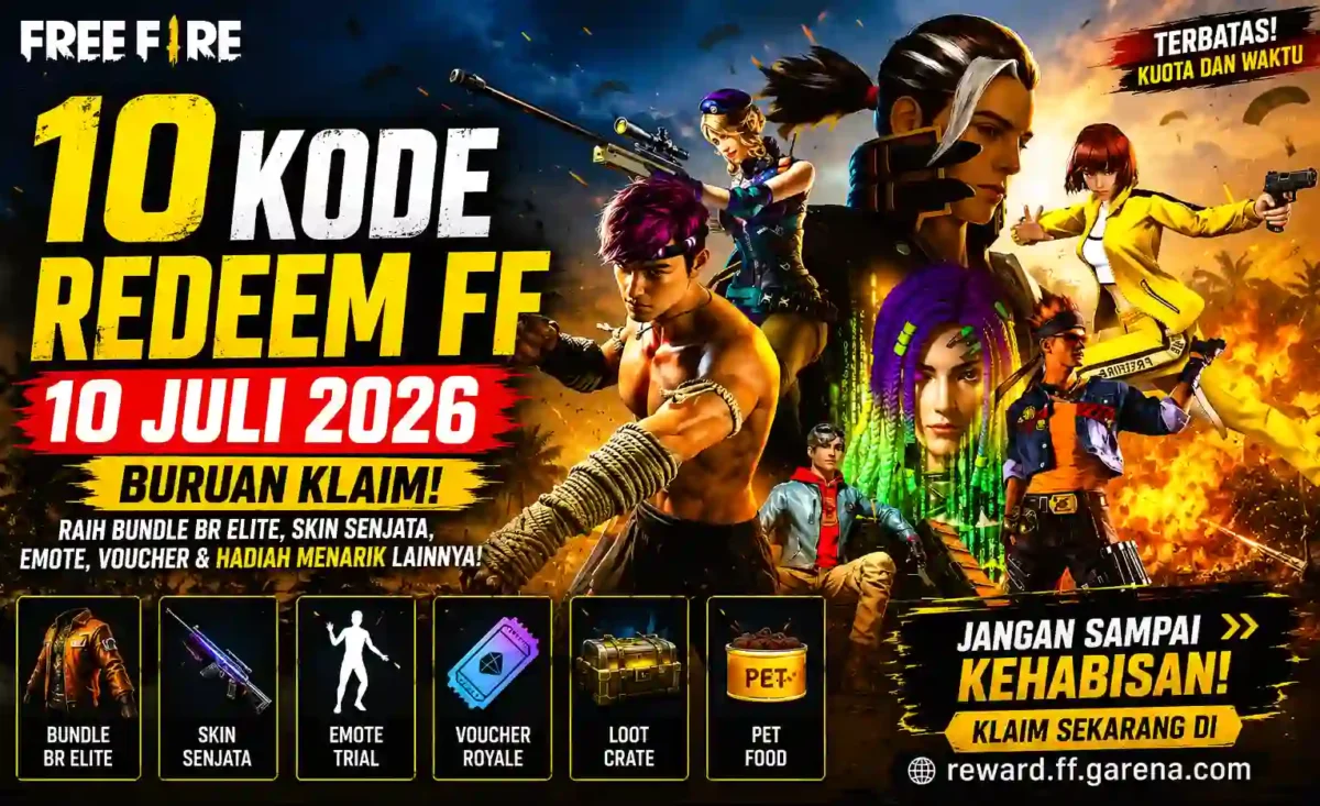 Buruan Klaim! 10 Kode Redeem FF Terbaru 10 Juli 2026, Ada Bundle BR Elite dan Skin Senjata Gratis. (Foto: Garena/kompas)