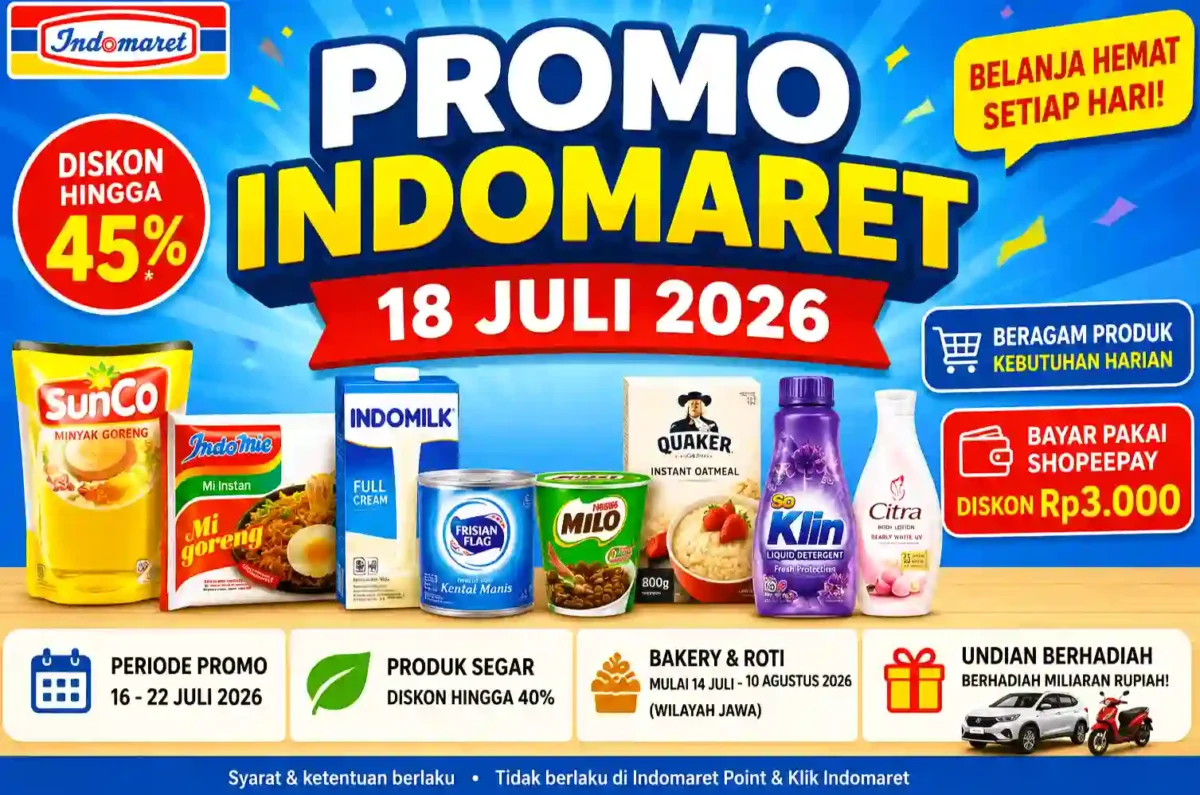 Promo Indomaret Hari Ini 18 Juli 2026, Minyak Goreng hingga Produk Segar Diskon Besar. (Foto: AI)