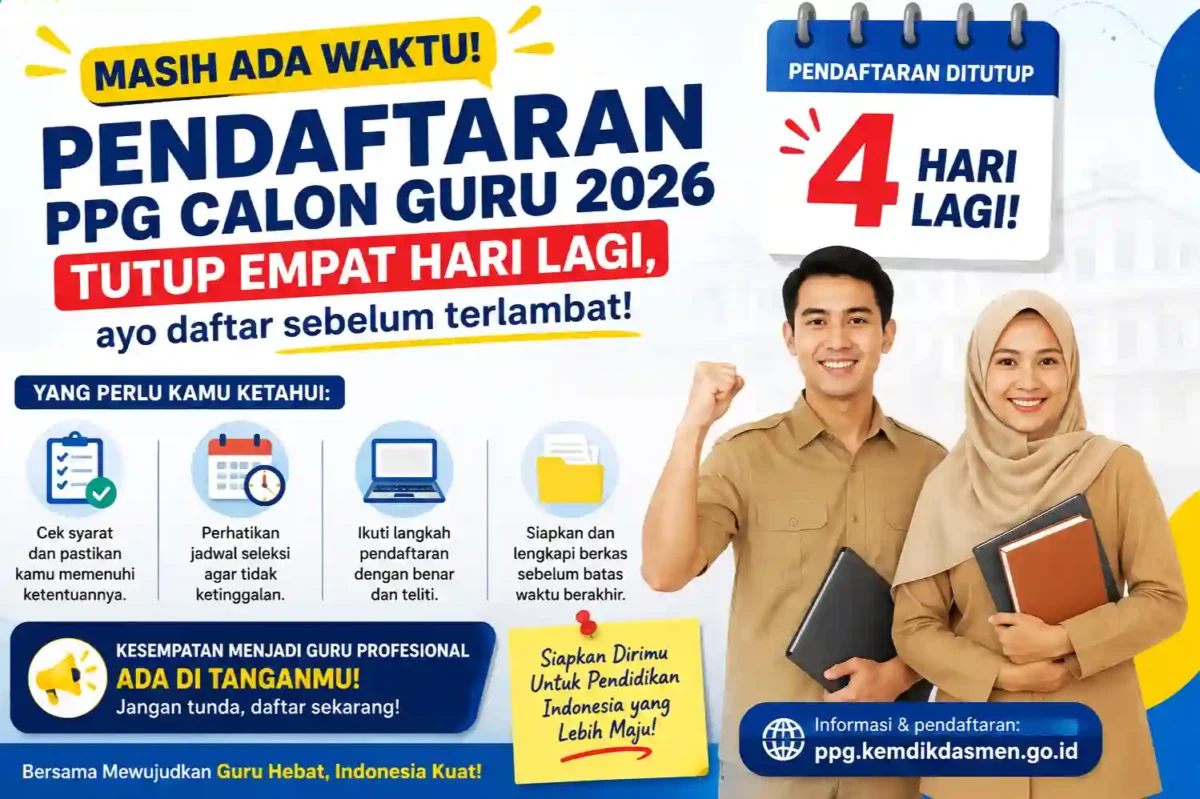Masih Ada Waktu! Pendaftaran PPG Calon Guru 2026 Tutup Empat Hari Lagi, Cek Syarat, Jadwal, dan Cara Daftarnya Sebelum Terlambat. (Foto: AI)