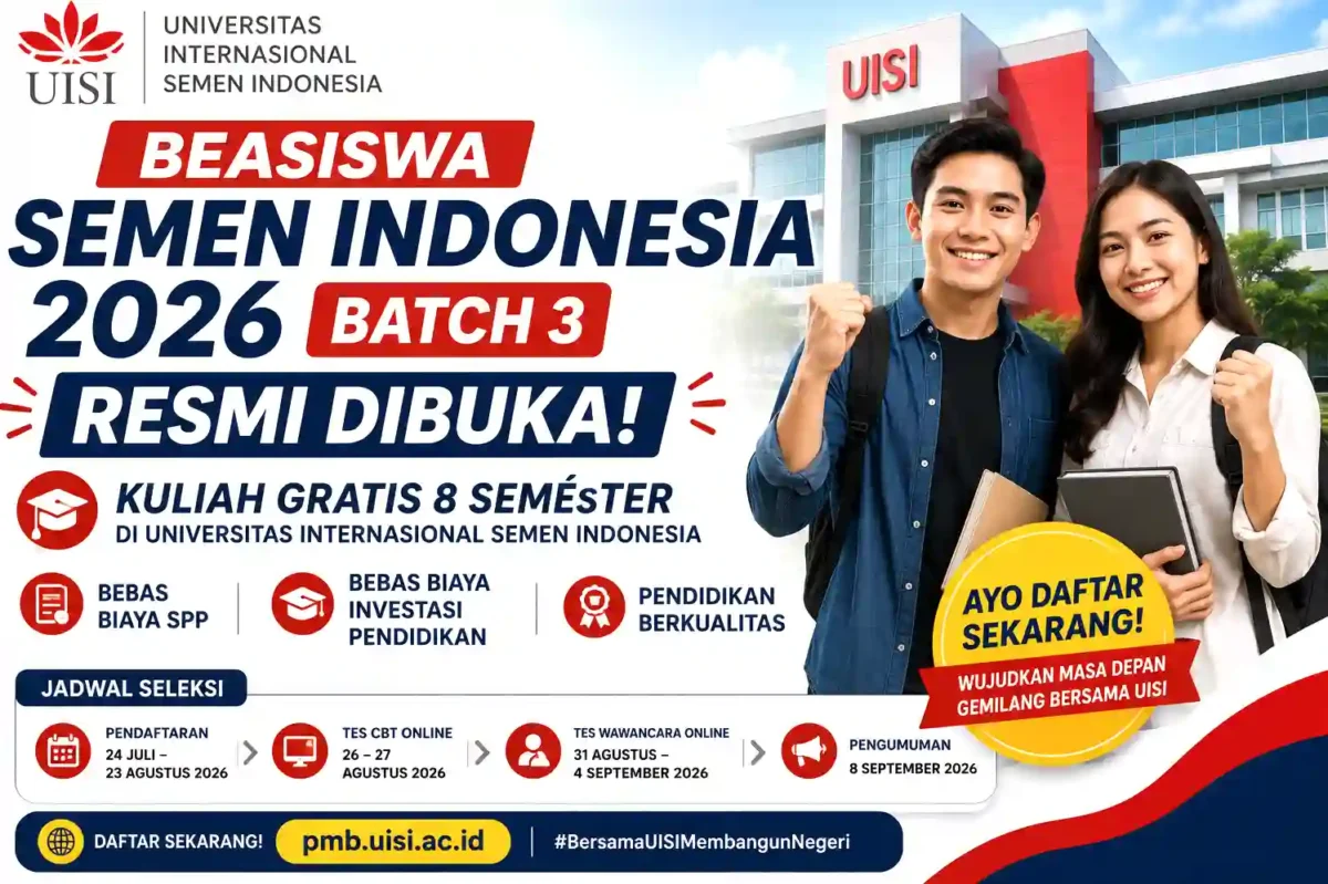 Beasiswa Semen Indonesia 2026 Batch 3 Resmi Dibuka, Kuliah Gratis 8 Semester di UISI. (foto: AI)