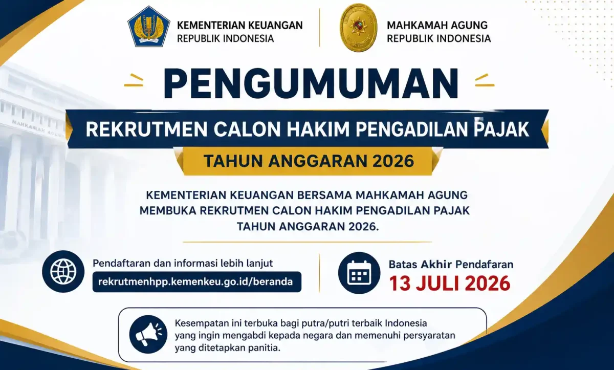 Rekrutmen Calon Hakim Pengadilan Pajak 2026 Resmi Dibuka, Simak Syarat dan Jadwal Pendaftarannya. (Foto: AI)