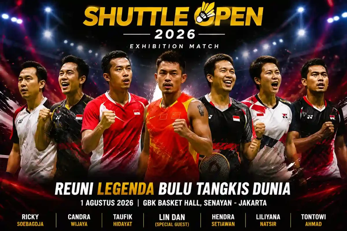 Reuni Legenda Bulu Tangkis Dunia, Lin Dan dan Taufik Hidayat Kembali Satu Arena di Jakarta pada Shuttle Open 2026. (Foto: AI)