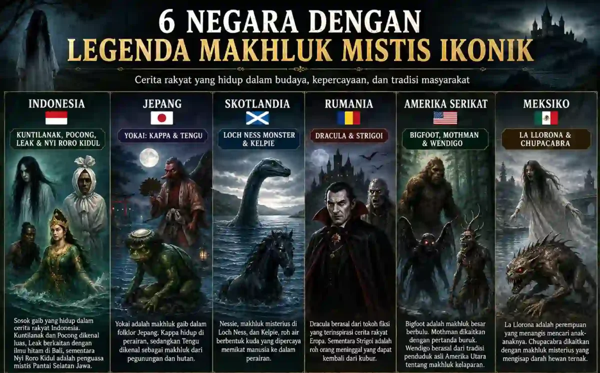 6 Negara dengan Legenda Makhluk Mistis Ikonik, Indonesia Punya Kuntilanak hingga Nyi Roro Kidul. (Foto: AI)