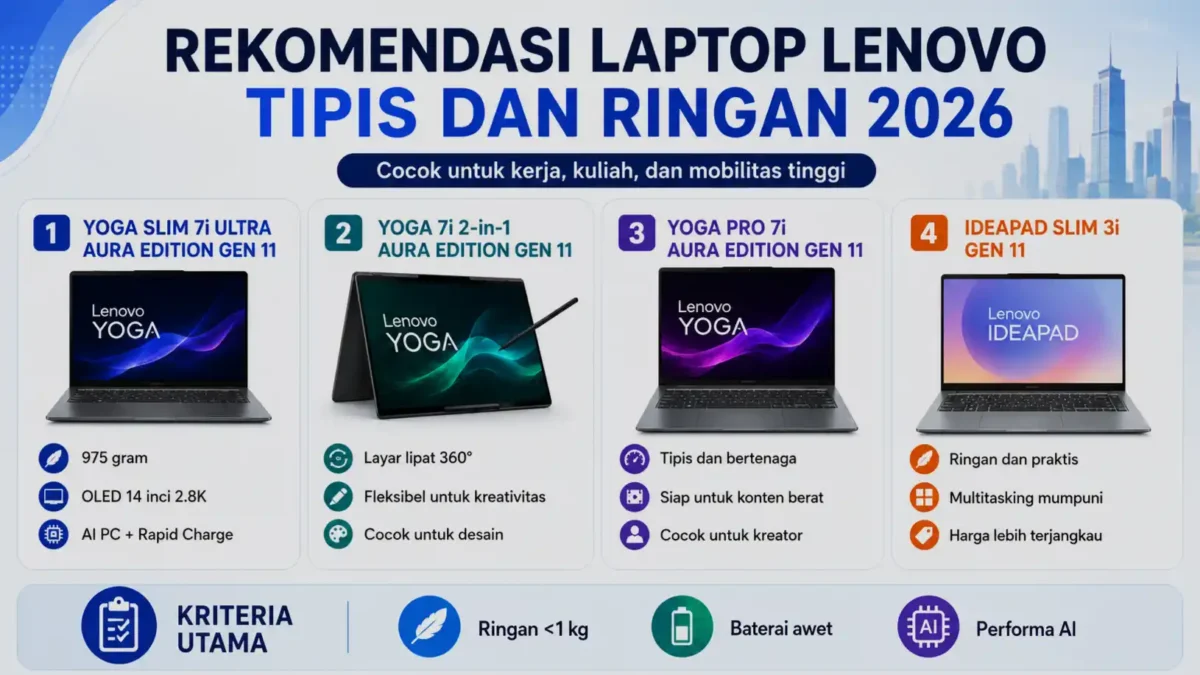 Rekomendasi Laptop Lenovo Tipis dan Ringan 2026, Cocok untuk Kerja, Kuliah, dan Mobilitas Tinggi. (Foto: AI)