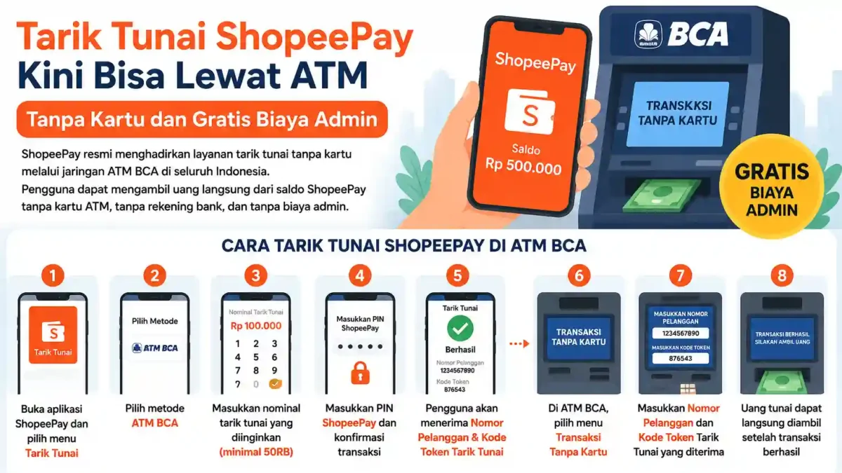 Tarik Tunai ShopeePay Kini Bisa Lewat ATM, Tanpa Kartu dan Gratis Biaya Admin. (Gambar: Ilustrasi AI)