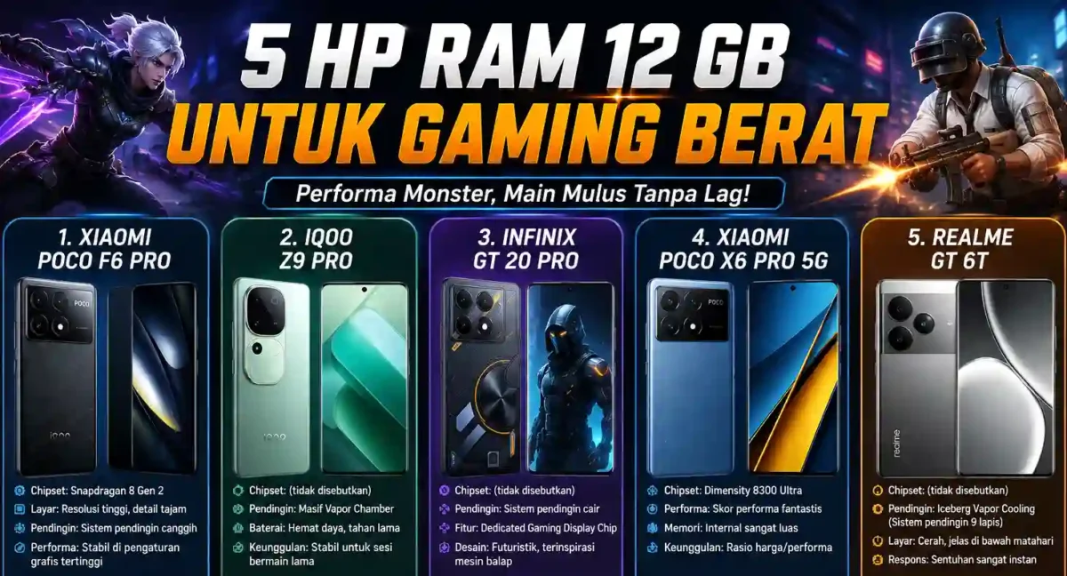5 HP RAM 12 GB untuk Gaming Berat, Harga Mulai Rp3 Jutaan. (Gambar: Ilustrasi AI)