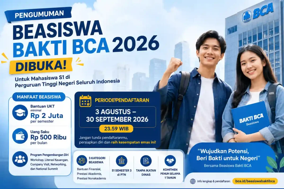 Beasiswa Bakti BCA 2026 Dibuka, Ada Bantuan UKT Rp2 Juta per Semester. (Foto: AI)