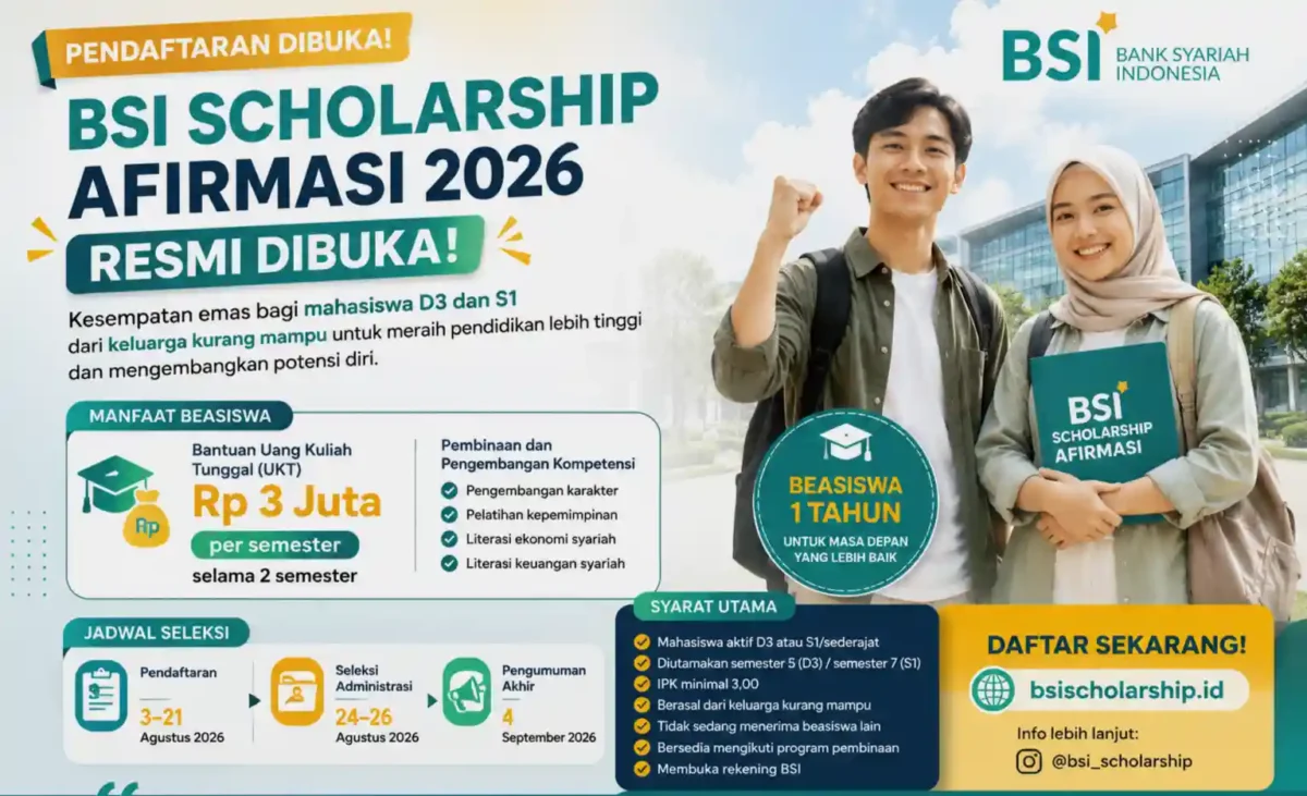 BSI Scholarship Afirmasi 2026 Resmi Dibuka, Mahasiswa D3-S1 Bisa Dapat UKT Rp3 Juta. (Foto: AI)
