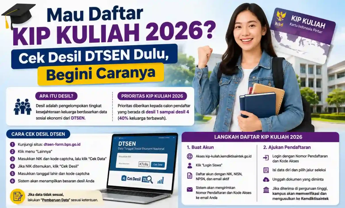 Mau Daftar KIP Kuliah 2026? Cek Desil DTSEN Dulu, Begini Caranya. (Foto: AI)