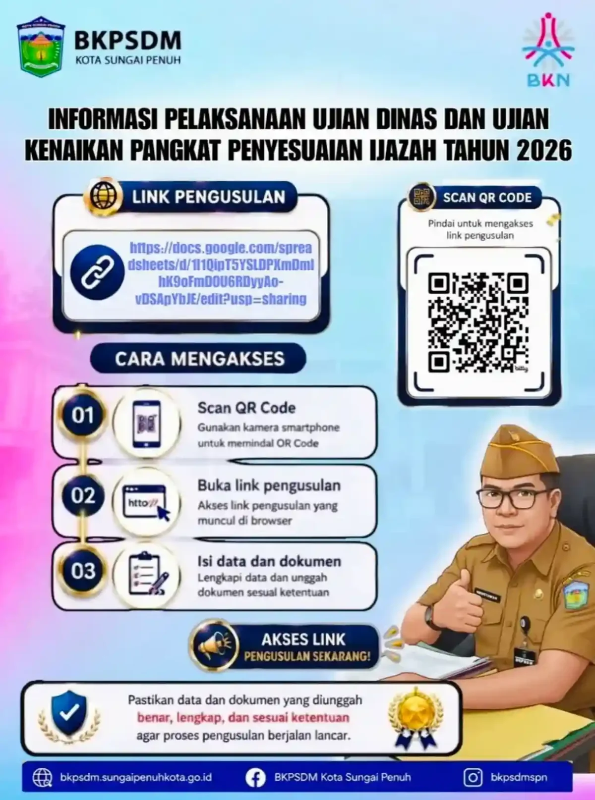 Ujian Dinas dan Penyesuaian Ijazah 2026 Sungai Penuh Dibuka, ASN Diminta Segera Cek Syarat. (Foto: Instagram bkpsdmspn) 