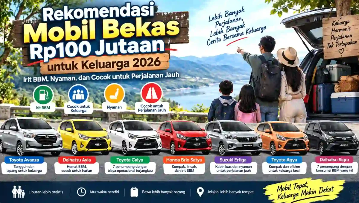 Rekomendasi Mobil Bekas Rp100 Jutaan untuk Keluarga 2026, Irit BBM, Nyaman, dan Cocok untuk Perjalanan Jauh. (Gambar: Ilustrasi AI)