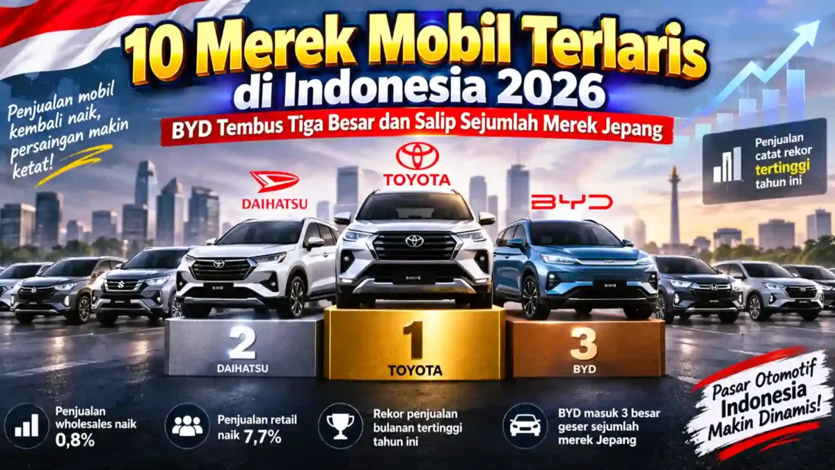 10 Merek Mobil Terlaris di Indonesia 2026, BYD Tembus Tiga Besar dan Ungguli Sejumlah Merek Jepang. (Gambar: Ilustrasi AI)