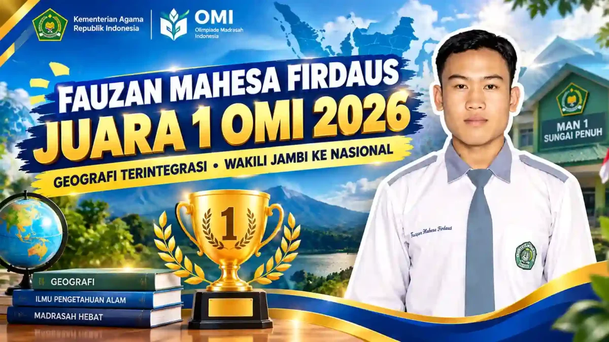 Fauzan Mahesa Firdaus, Siswa MAN 1 Sungai Penuh Juara 1 OMI 2026 dan Wakili Jambi ke Tingkat Nasional. (Foto: Instagram/humaskemenagspn/di olah AI)