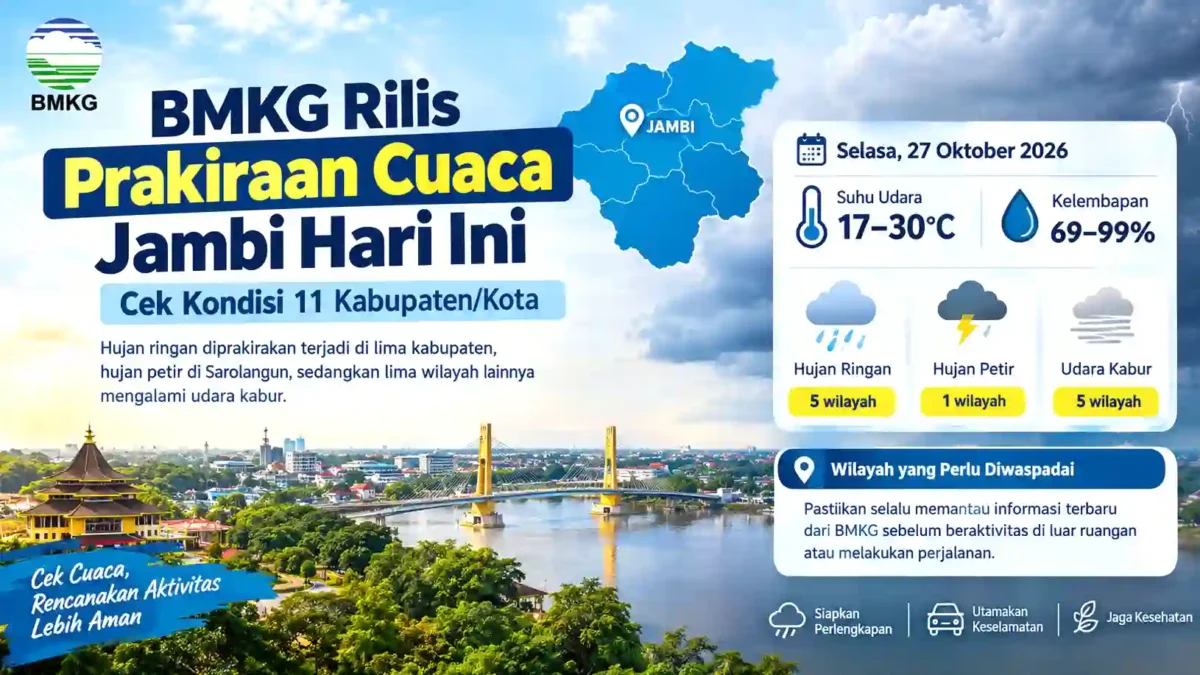 BMKG Rilis Prakiraan Cuaca Jambi Hari Ini, Cek Kondisi 11 Kabupaten/Kota. (Gambar: Ilustrasi AI)